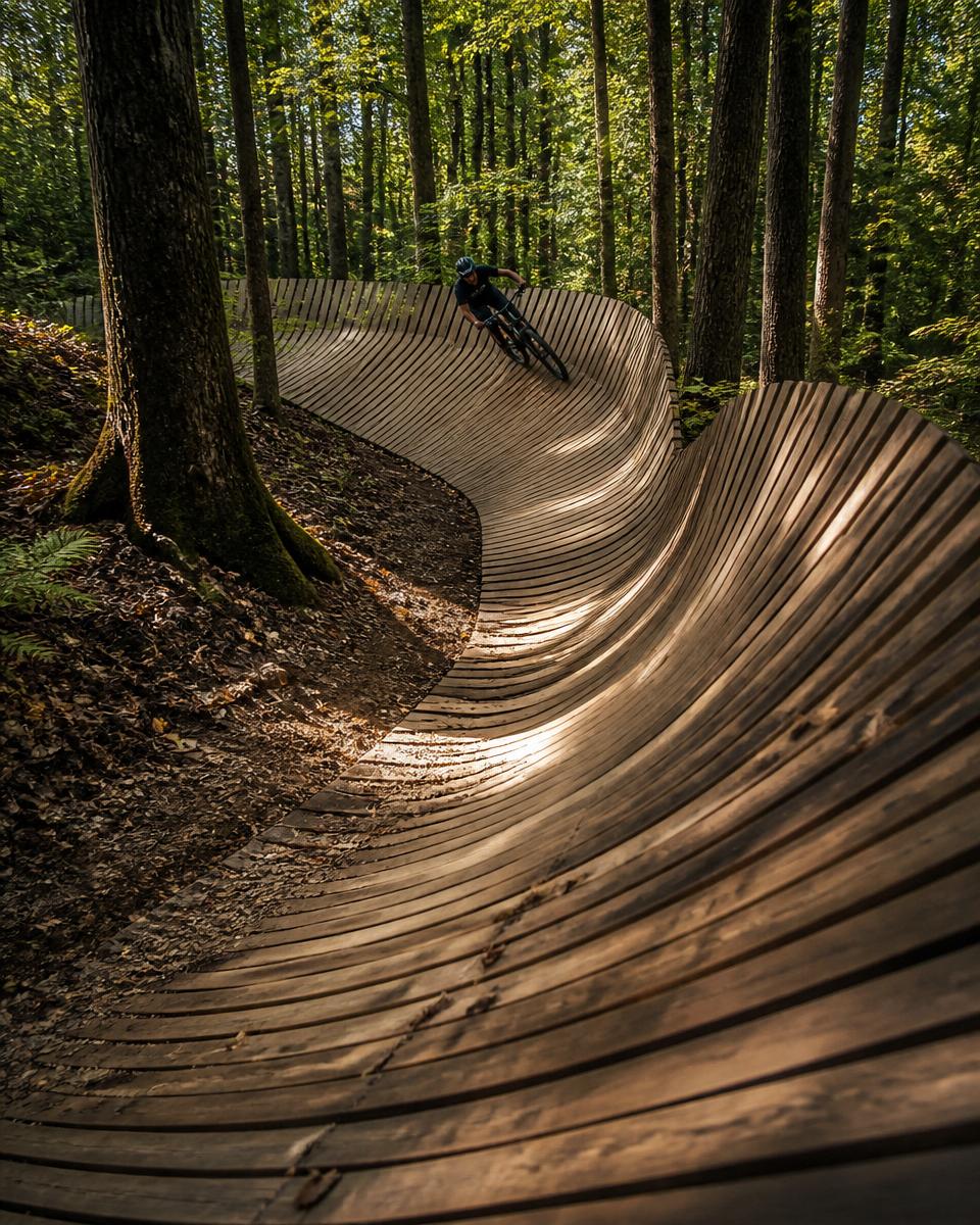 Wooden berm winding through a mountain bike trail