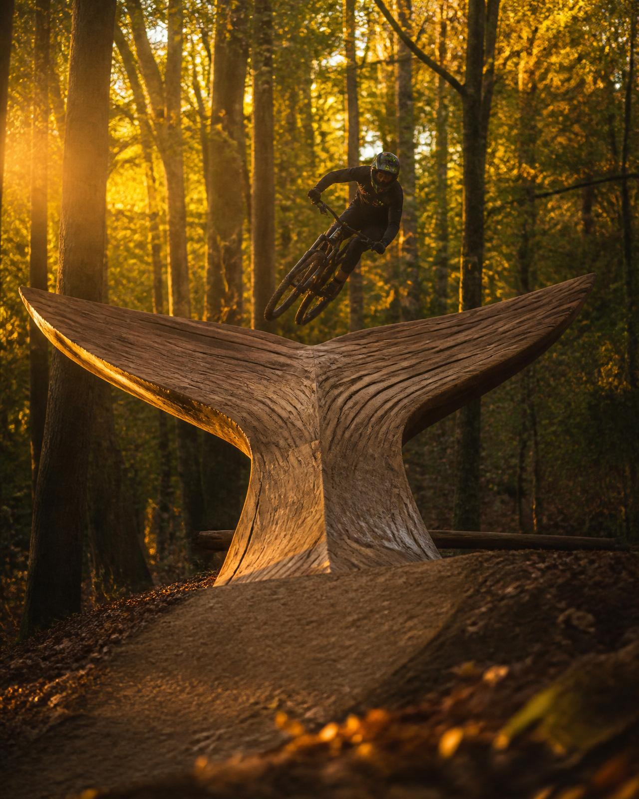 Mountain biker riding a wooden trail feature in the forest